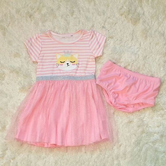YOUNG HEARTS PINK AND WHITE STRIPED CAT TULLE DRESS WITH PANTIES, SIZE 18 MONTHS - Picture 1 of 9